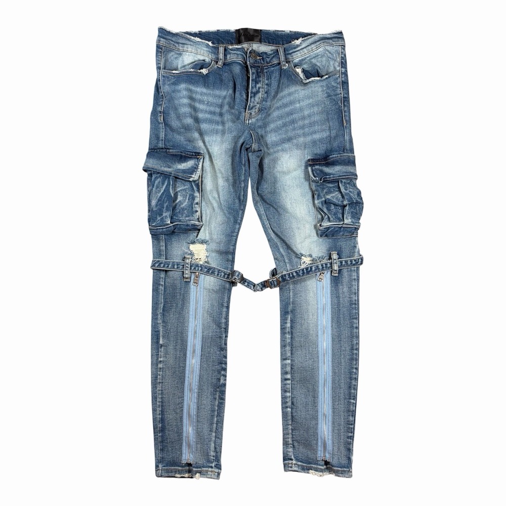 Valabasas Jeans Mens 36x30 Indigo Blue Distressed Cargo Strap Zipper Biker
